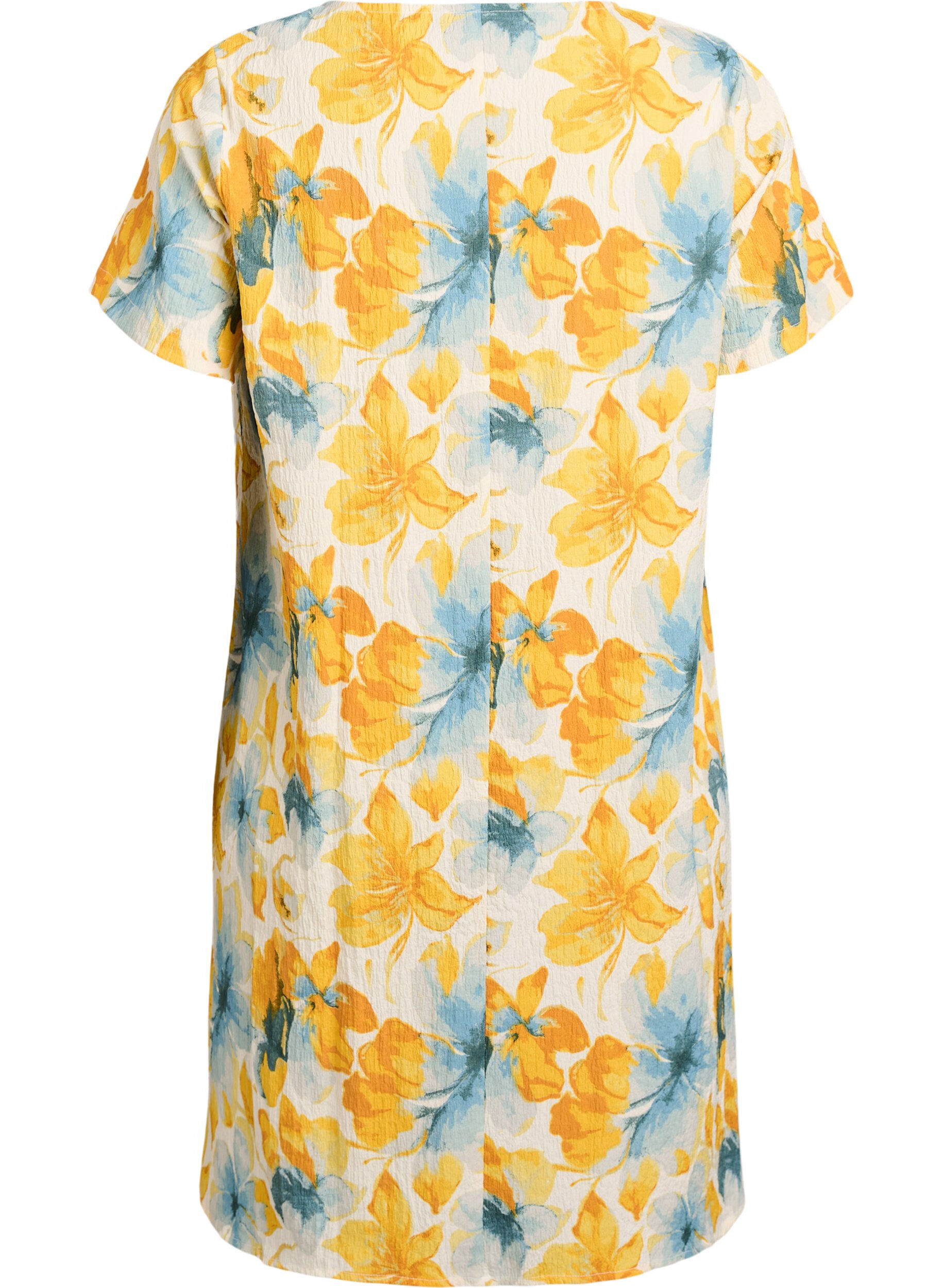 ZizziLyhyt mekko, jossa on ryppyinen pinta ja lyhyet hihat, Keltainen, Packshot image number 1