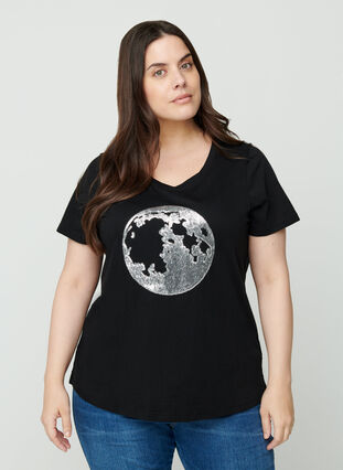 Puuvillainen t-paita paljeteilla, Black, Model image number 0