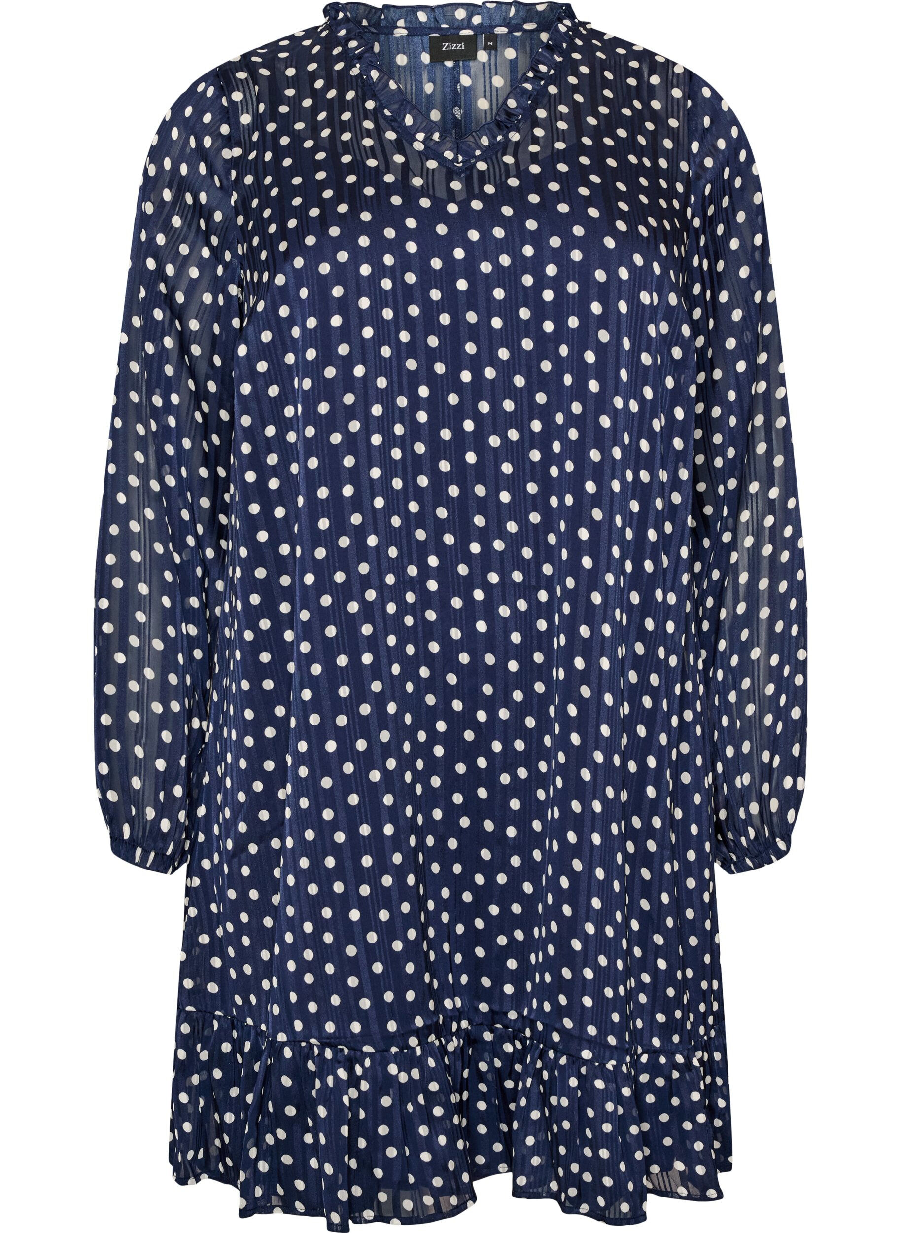 ZizziKuviollinen mekko r&ouml;yhel&ouml;ill&auml; ja pitkill&auml; hihoilla, Sininen, Packshot image number 0