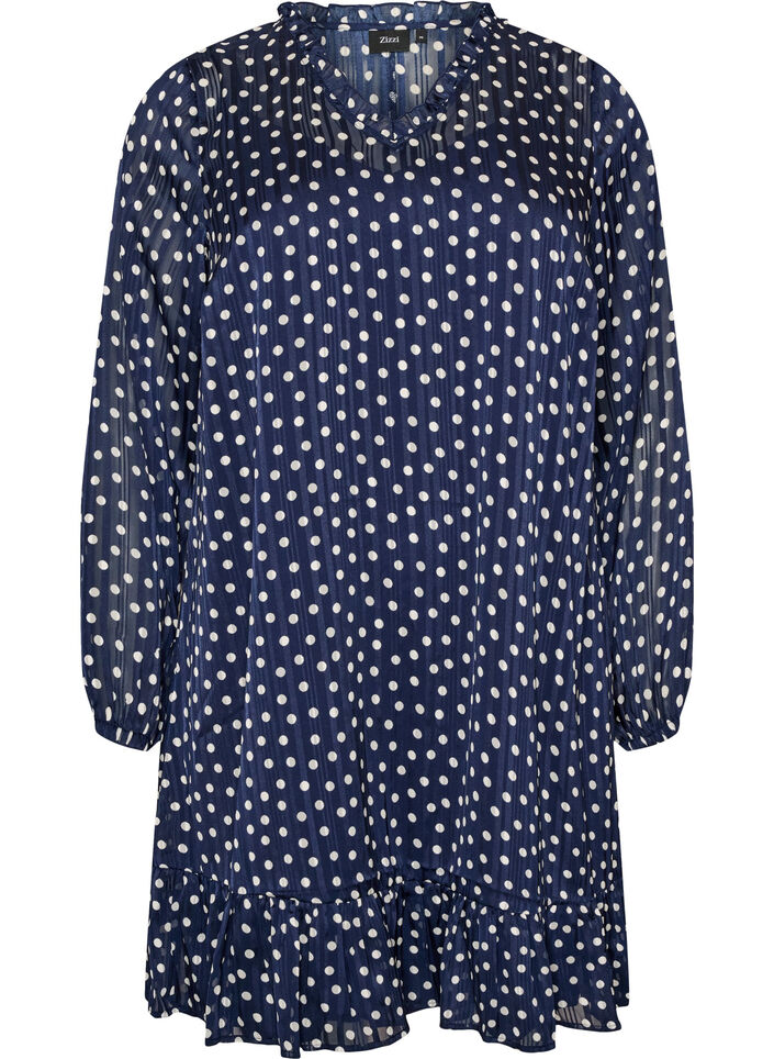 Kuviollinen mekko r&ouml;yhel&ouml;ill&auml; ja pitkill&auml; hihoilla, Sininen, Packshot image number 0