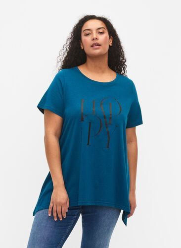 Puuvillainen t-paita tekstipainatuksella, Blue Coral HAPPY, Model image number 0
