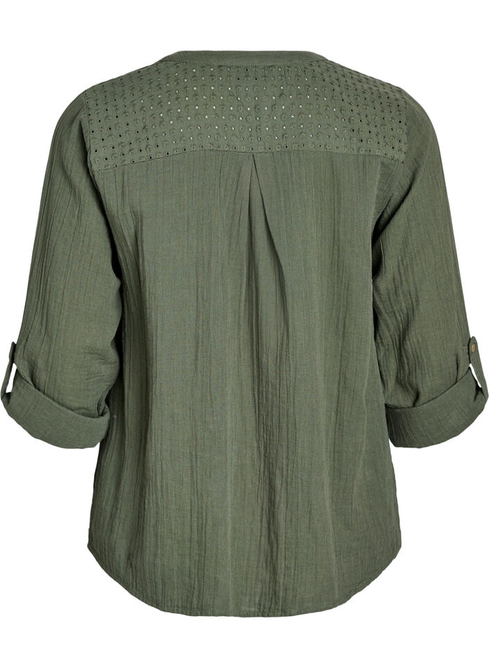 Paita puuvillamusliinissa, jossa broderie anglaise -kirjailu, Vihre&auml;, Packshot image number 1