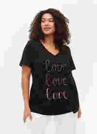 Puuvillainen t-paita v-pääntiellä ja printillä, Black W. Love, Model