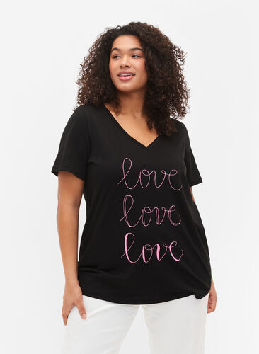 Puuvillainen t-paita v-pääntiellä ja printillä, Black W. Love, Model image number 0