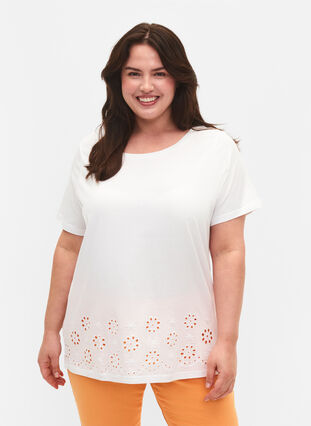 Puuvillainen T-paita brodeerauksella, Bright White, Model image number 0