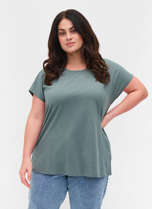Puuvillainen t-paita lyhyillä hihoilla, Balsam Green Solid, Model image number 0