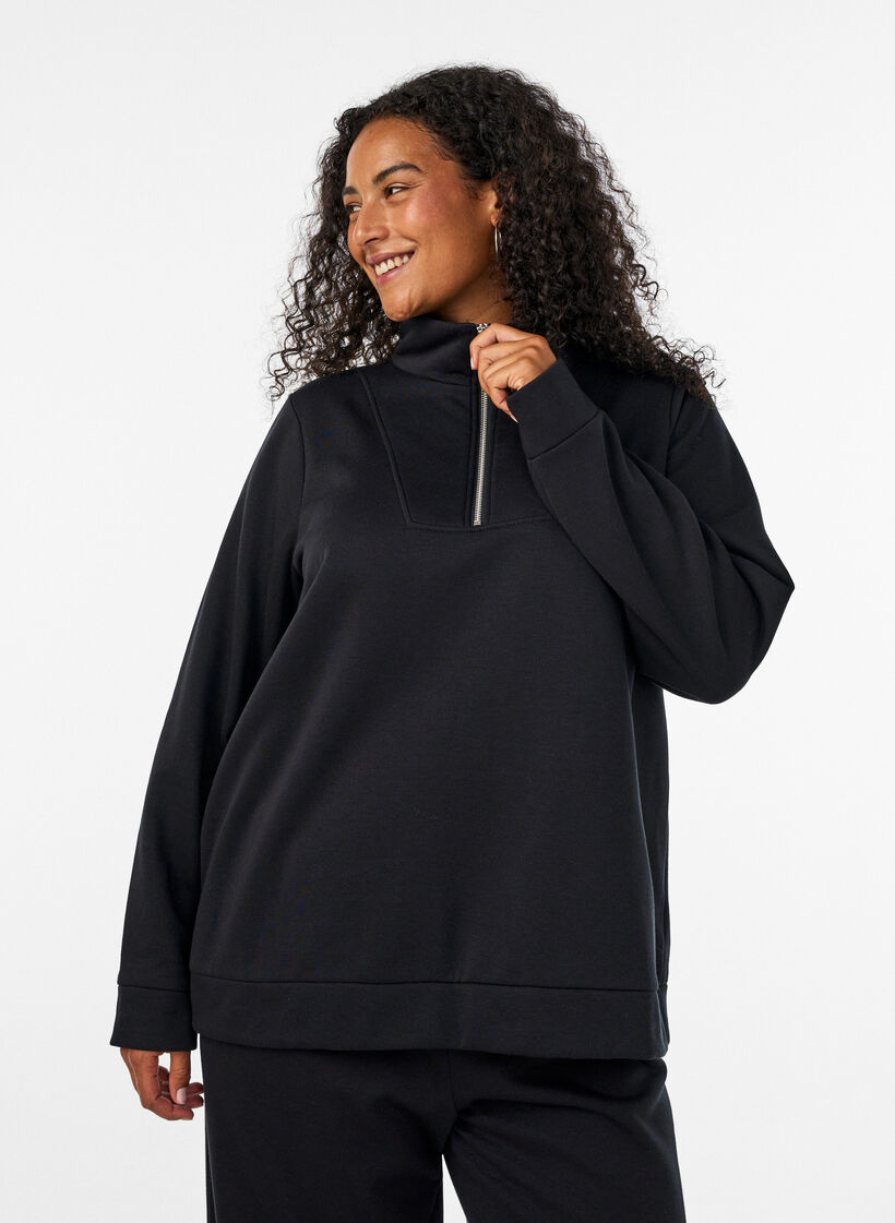 Collegepaita korkealla kauluksella ja vetoketjulla, Musta, Model image number 0