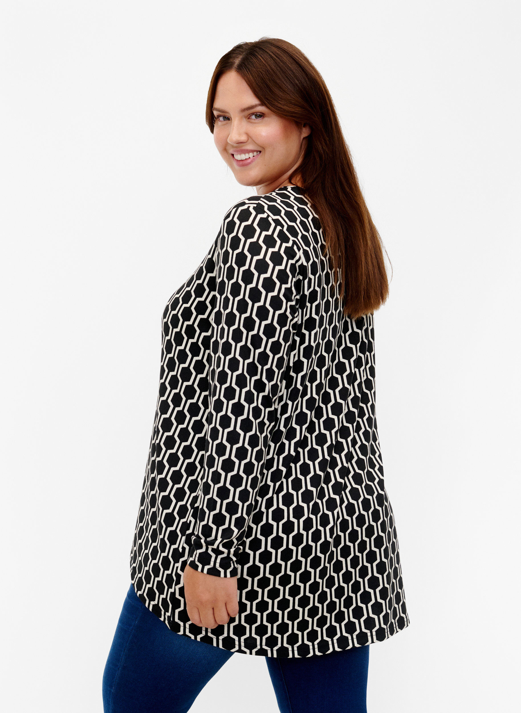 Zizzi Pitk&auml;hihainen kuvioitu pusero, Birch W. Graphic, Model image number 1