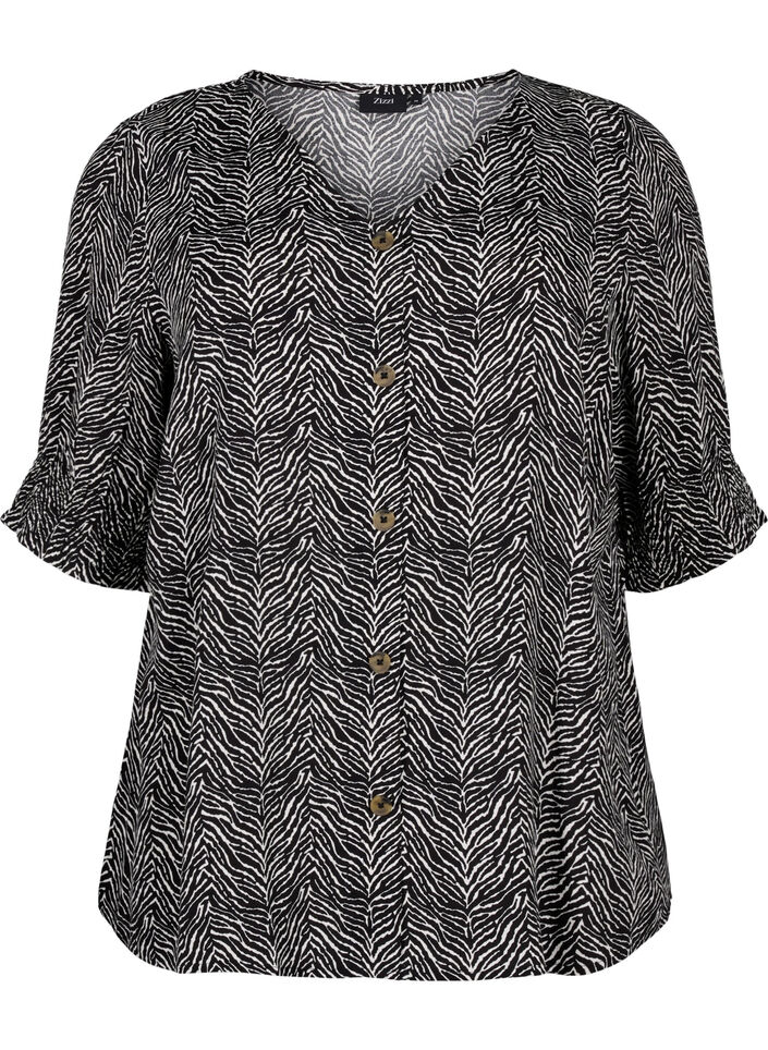 Viskoosipusero, jossa on napit, Black Graphic AOP, Packshot image number 0