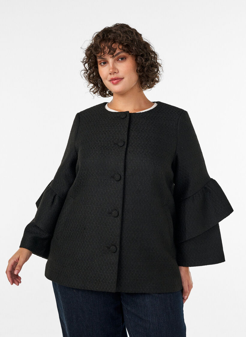 Boucl&eacute;-takki r&ouml;yhel&ouml;yksityiskohdilla, Musta, Model image number 3
