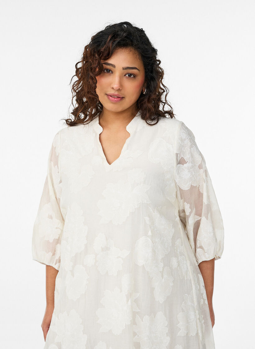 Midimekko kukkakuviolla ja l&auml;pikuultavilla 3/4-hihoilla, Beige, Model image number 2