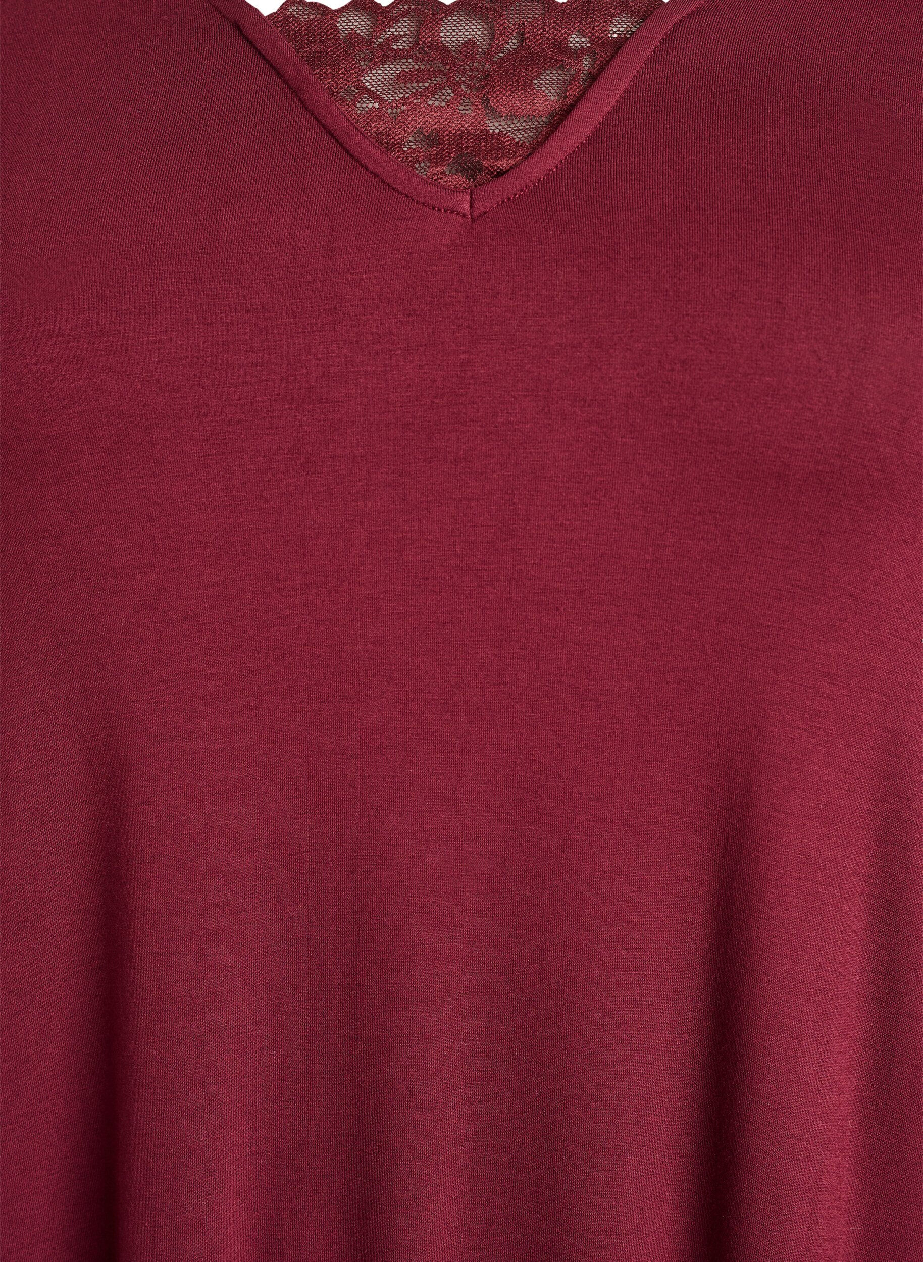 Zizzi Pitk&auml;hihainen y&ouml;paita pitsisomisteella ja V-p&auml;&auml;ntiell&auml;, Punainen, Packshot image number 2