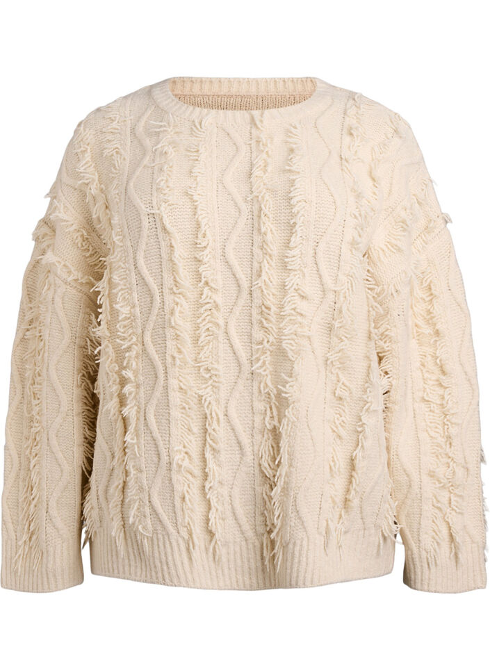 Pyöreäkauluksinen neule teksturoidulla kuosilla, Beige, Packshot