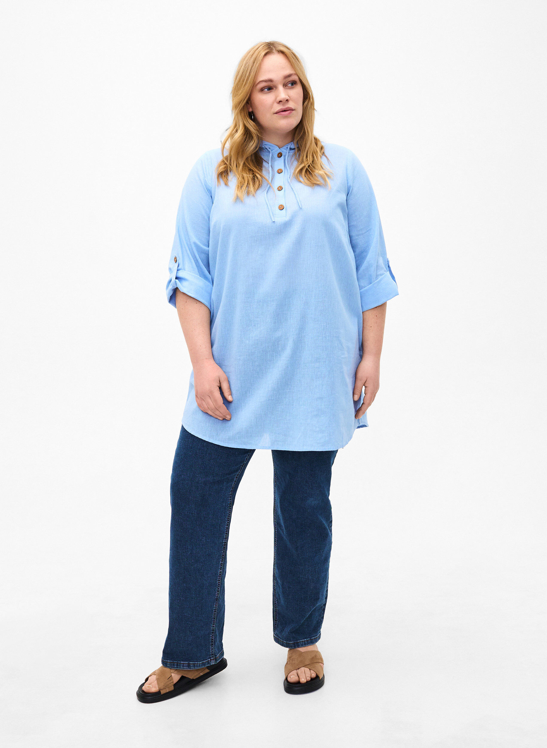 Zizzi Hupullinen tunika puuvillasta ja pellavasta, Serenity, Model image number 2