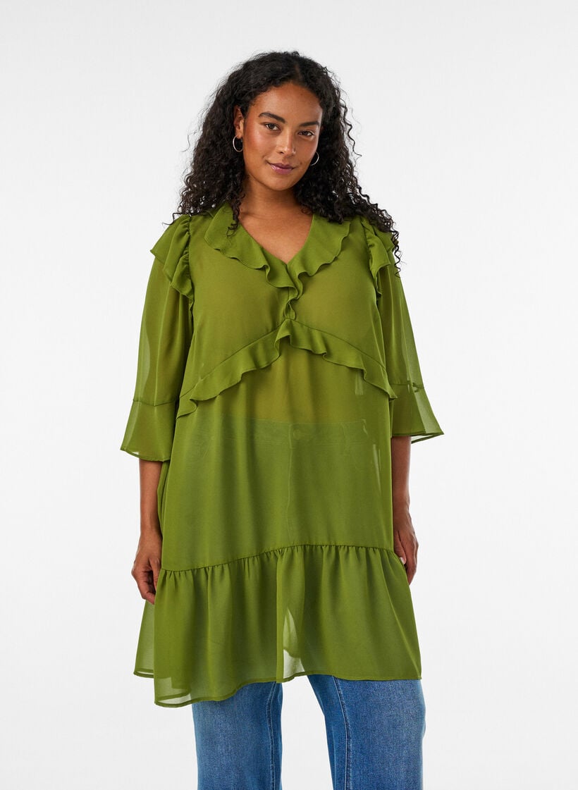 Kevyt mekko r&ouml;yhel&ouml;ill&auml; ja V-p&auml;&auml;ntiell&auml;, Vihre&auml;, Model image number 0