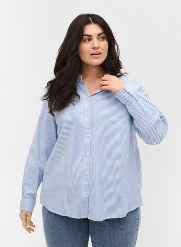 Raidallinen paita puuvillasta , Blue Striped, Model image number 0