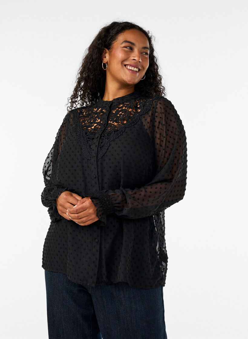 Puseropaita pitsisomisteella ja pilkkukuviolla, Musta, Model image number 0