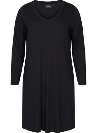 Yksinkertainen mekko v-aukolla ja pitkillä hihoilla, Black, Packshot image number 0