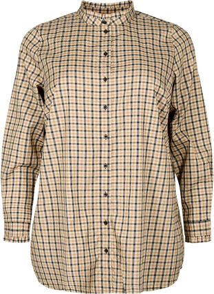 Ruudullinen paitapusero röyhelöillä, Brown Check, Packshot image number 0