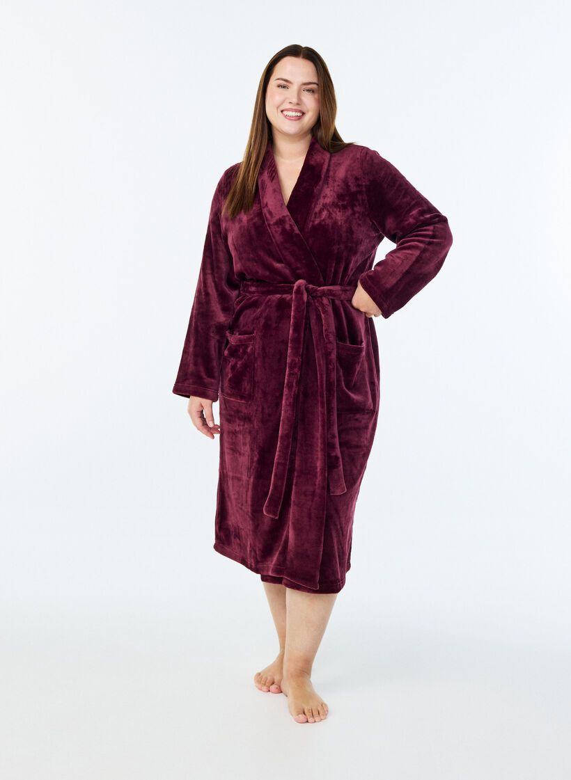Aamutakki pehme&auml;&auml; velouria taskuilla, Tumma Bordeaux, Model image number 0