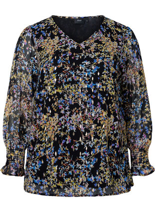 Kuosillinen, v-aukkoinen pusero pitkillä hihoilla, Black/Vibrant Flower, Packshot image number 0