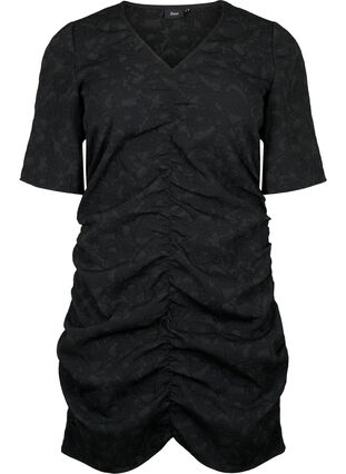 Lyhythihainen, teksturoidusta kankaasta valmistettu laskostettu mekko, Black, Packshot image number 0