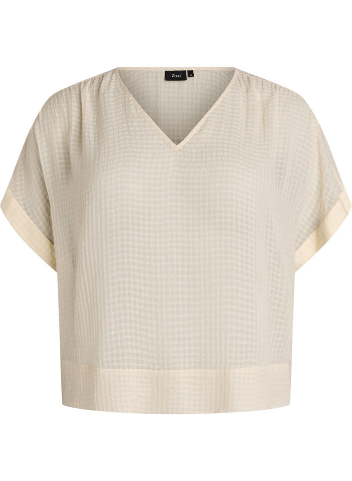 Seersucker -pusero V-p&auml;&auml;ntiell&auml;, Beige, Packshot image number 0