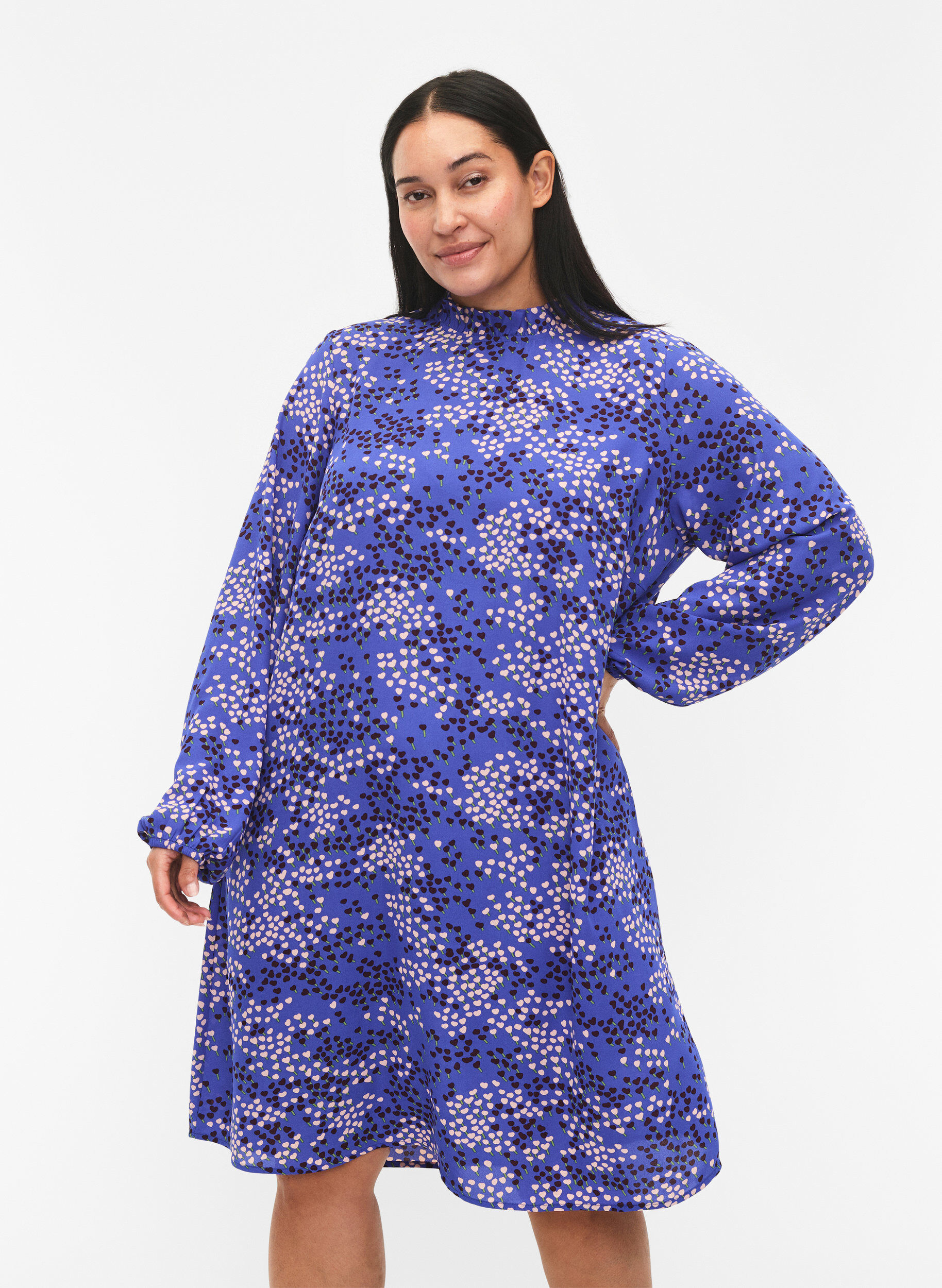 Zizzi FLASH - Pitk&auml;hihainen mekko kuosilla, Dazzling Blue AOP, Model image number 0