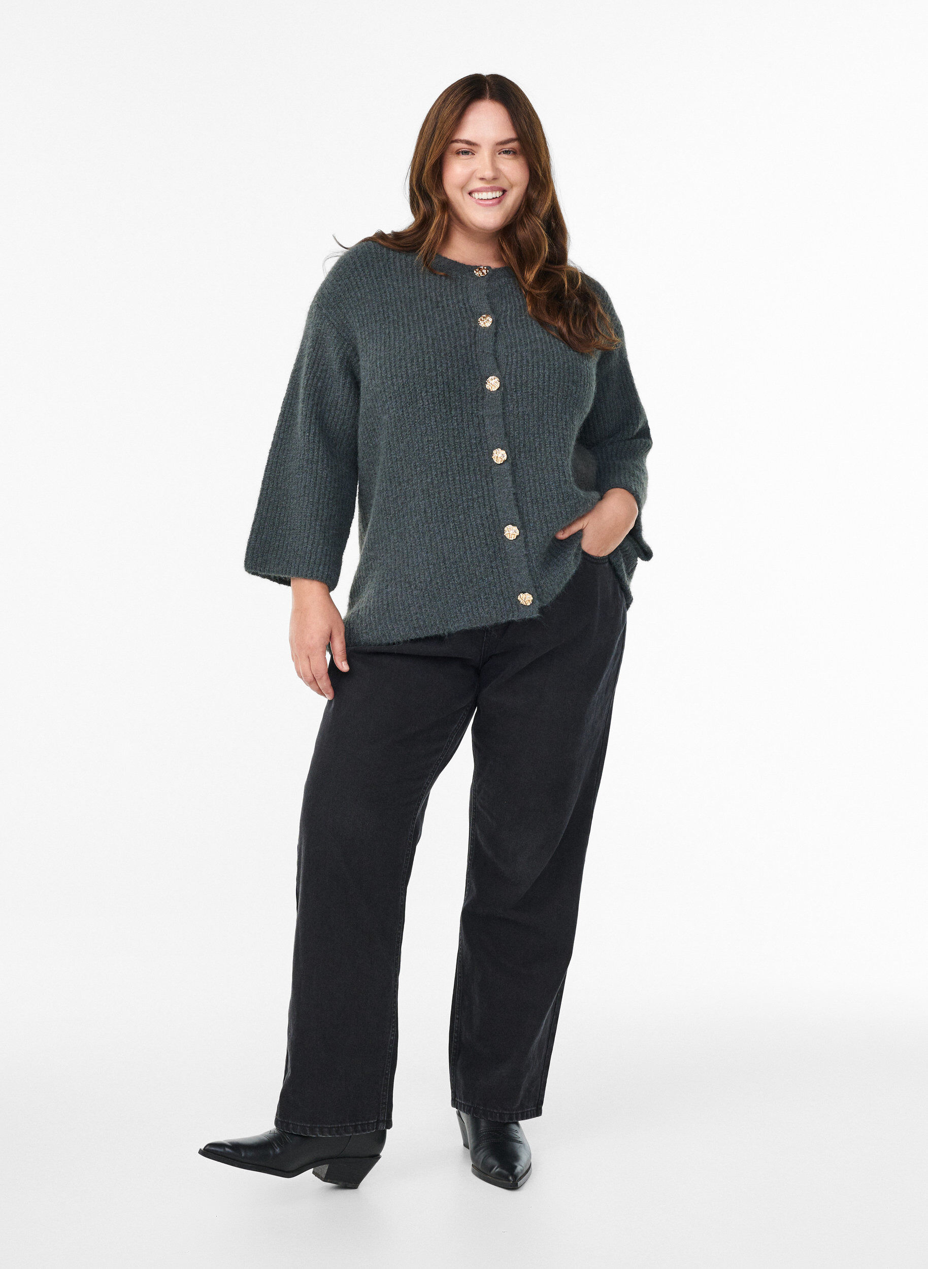 Zizzi Lyhyt neuletakki vajaamittaisilla hihoilla, Vihre&auml;, Model image number 1