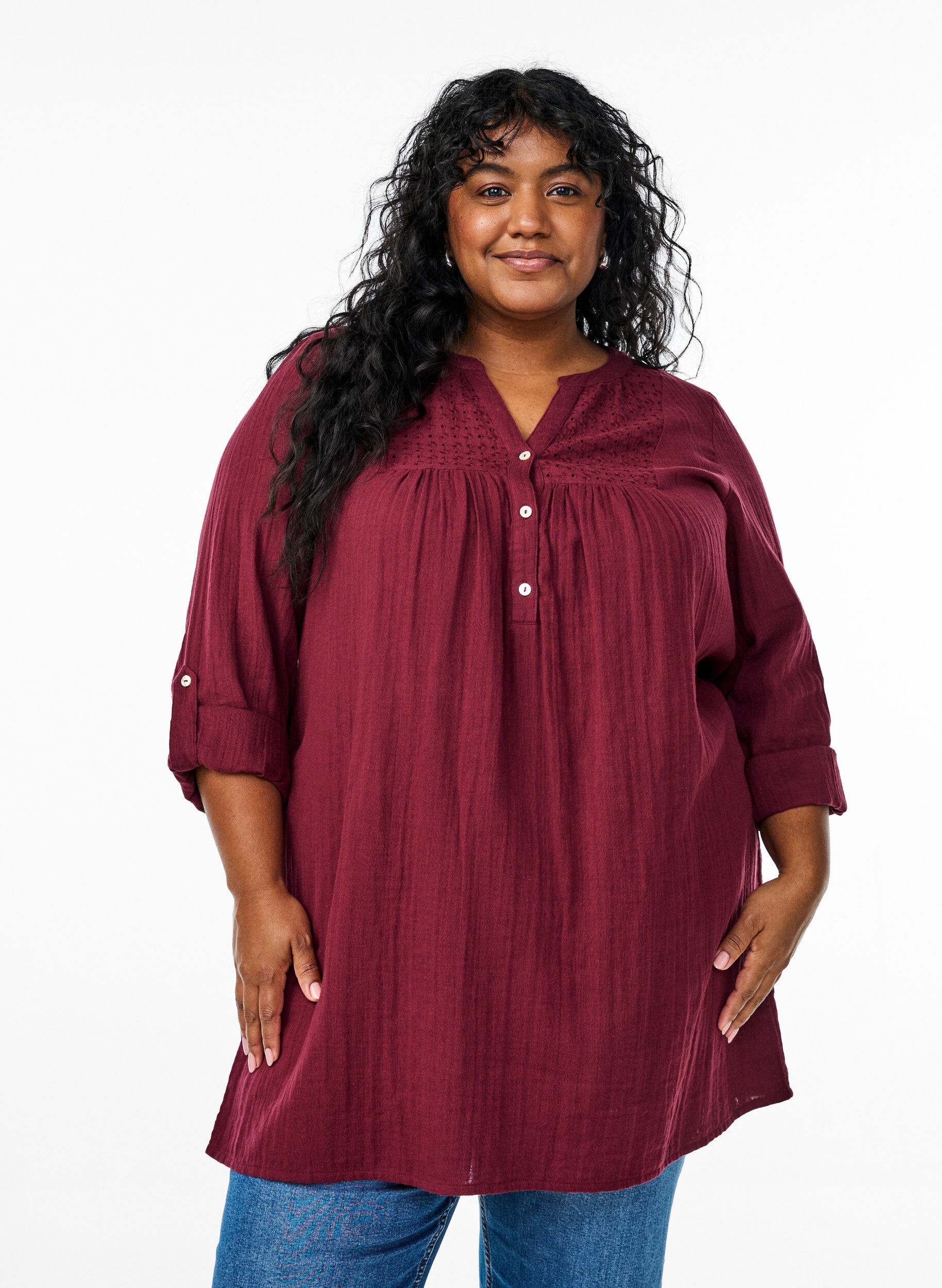 ZizziPuuvillamusliinitunika brodeeratulla pitsill&auml;, Tumma Bordeaux, Model image number 0