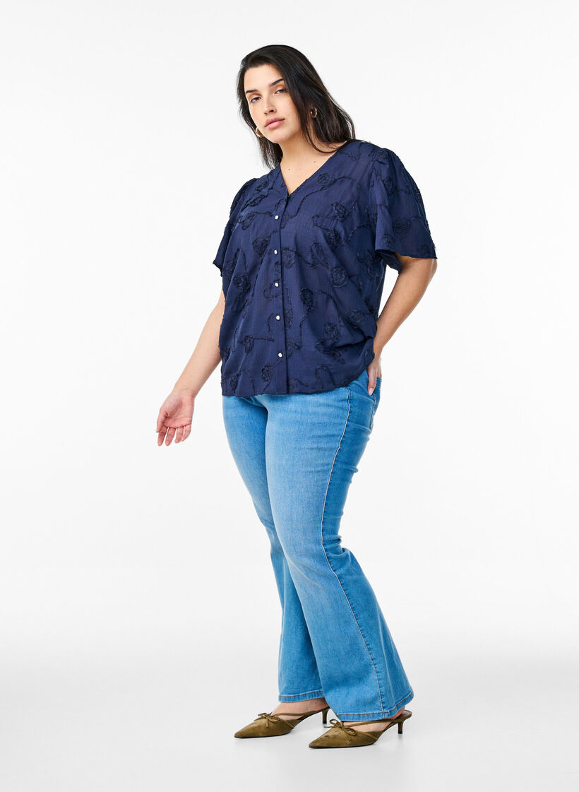 Lyhythihainen paitapusero 3D-kukkakuviolla, Sininen, Model image number 1