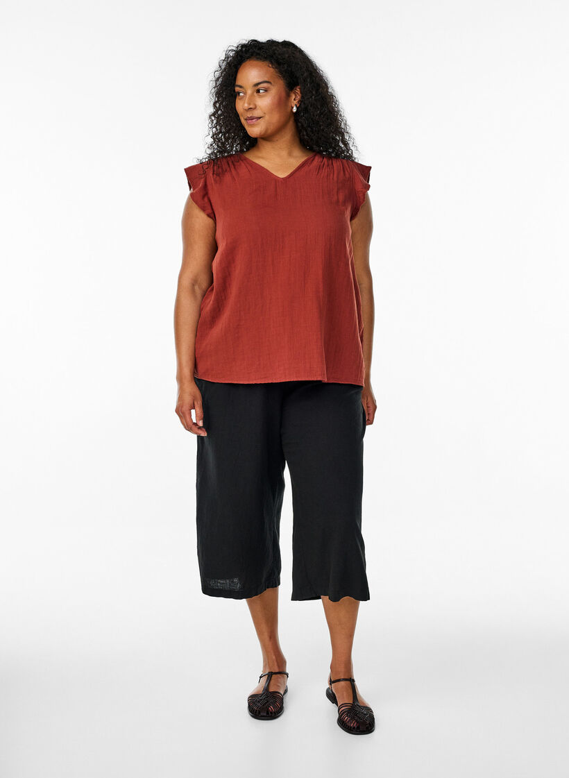 Hihaton toppi puuvillamusliinista, jossa on r&ouml;yhel&ouml;it&auml;, Punainen, Model image number 1