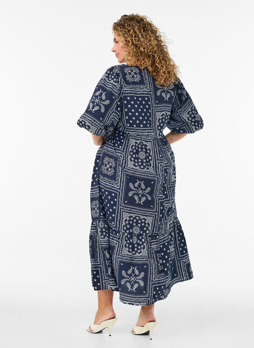 Nilkkapituinen mekko viskoosista paisley-kuviolla ja lyhyill&auml; hihoilla, Sininen, Model image number 1