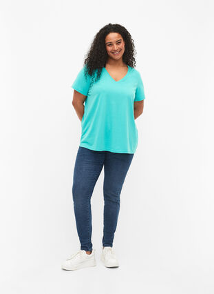 Lyhythihainen t-paita v-pääntiellä, Turquoise, Model image number 2