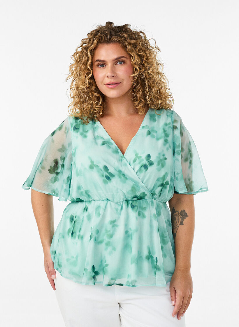 Kukkakuvioinen sifonkipusero lyhyill&auml; hihoilla, Vihre&auml;, Model image number 0