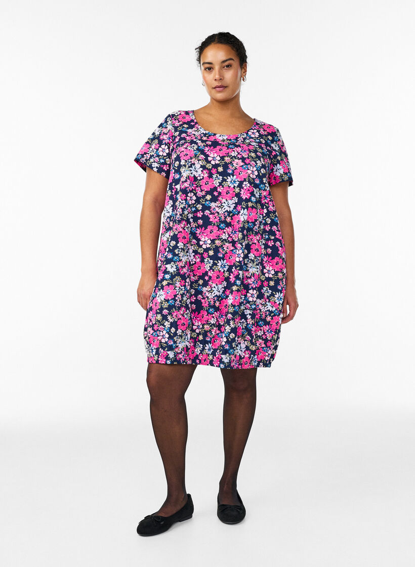 Lyhythihainen puuvillamekko printill&auml;, Sininen, Model image number 1