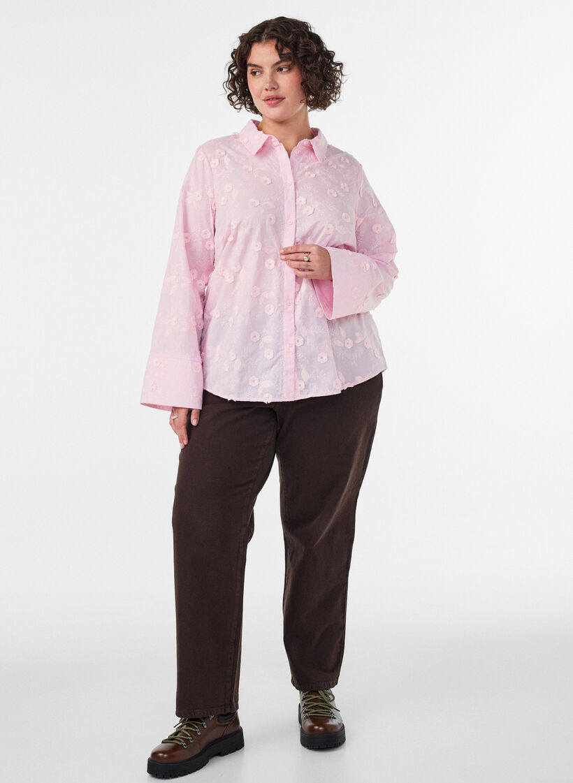 Paita kukkakirjailulla ja leveill&auml; hihoilla, Vaaleanpunainen, Model image number 1