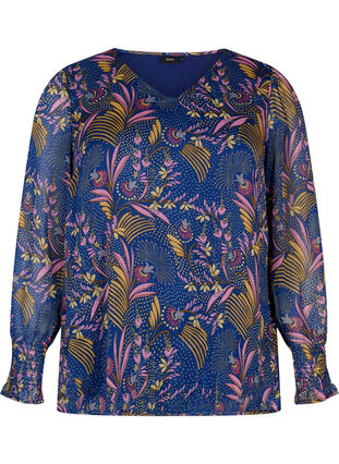Kuosillinen, v-aukkoinen pusero pitkillä hihoilla, Blue w. Pink Leaf, Packshot image number 0