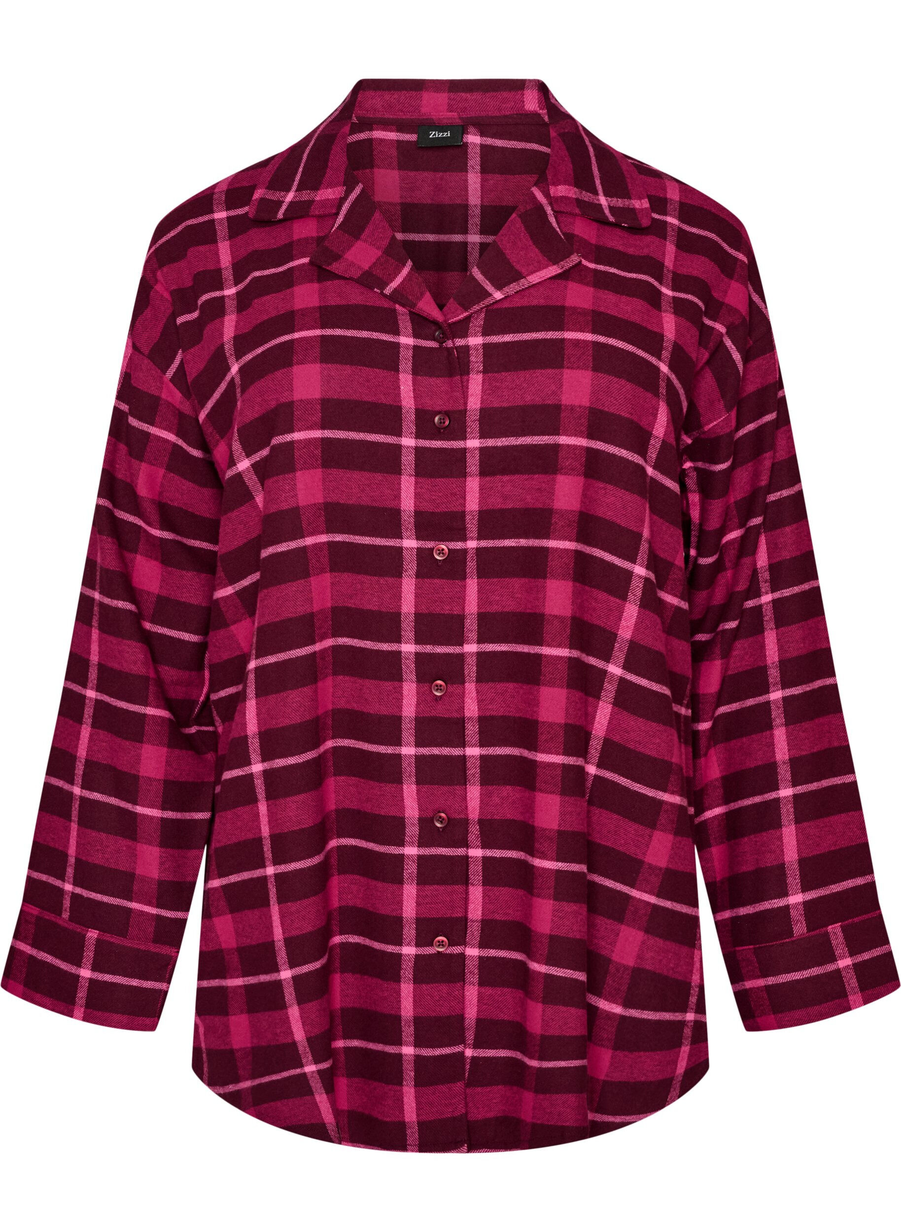 ZizziPitk&auml;hihainen ruudullinen puuvillapyjamapaita, Punainen, Packshot image number 0