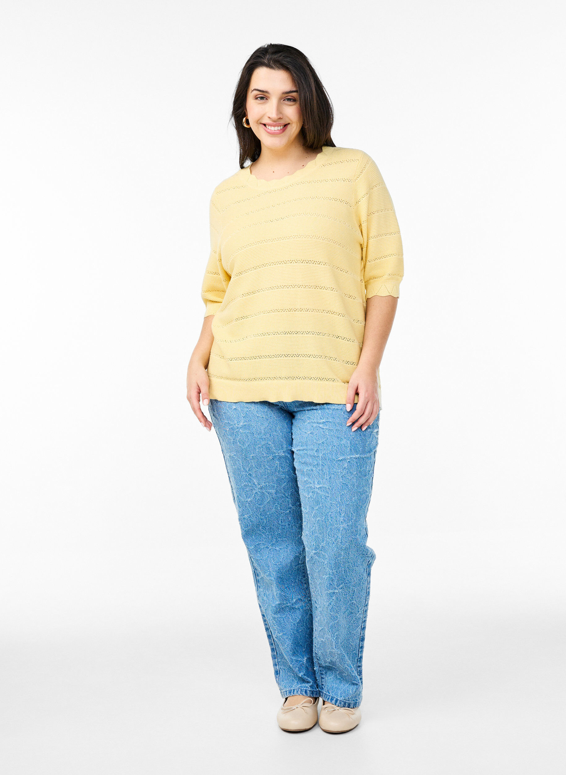 Zizzi Neulepusero raidallisella pitsikuvioinnilla ja lyhyill&auml; hihoilla, Keltainen, Model image number 1