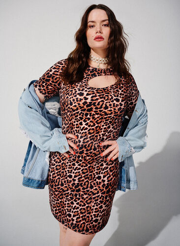 Tyköistuva leopardikuvioinen mekko, jossa on aukkokoriste, Leopard AOP, Image image number 0