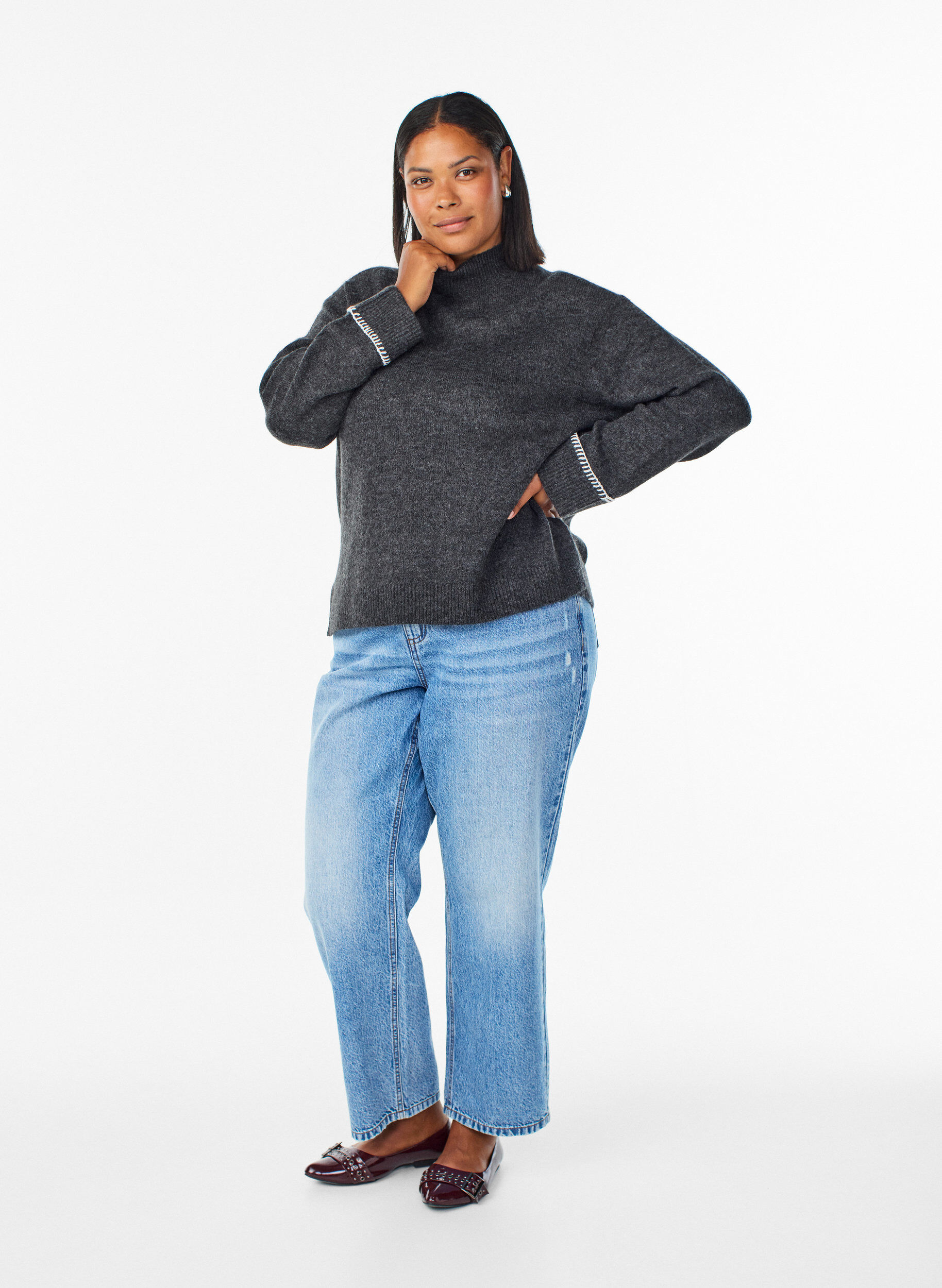 Zizzi Neulottu pusero korkealla kauluksella ja kontrastiyksityiskohdalla, Harmaa, Model image number 1