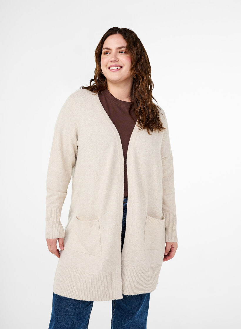 Joustinneuletakki taskuilla, Beige, Model image number 0