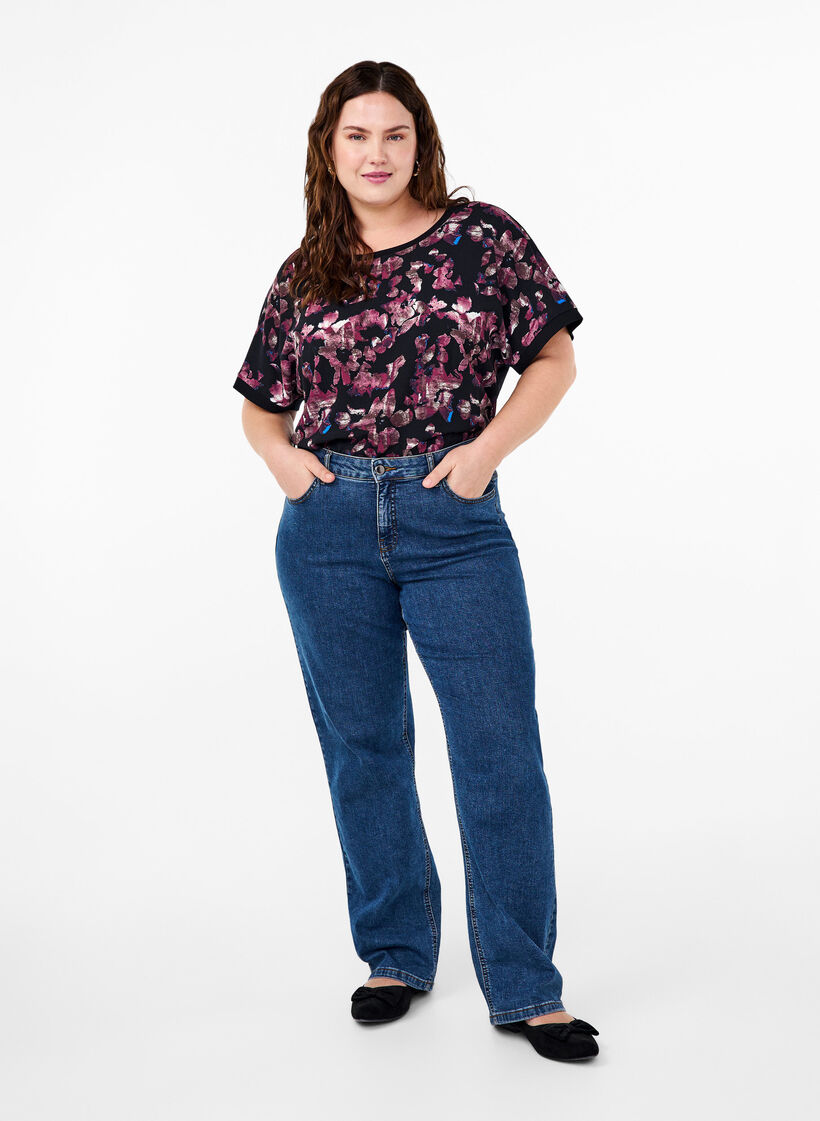 Väljä t-paita kukkakuviolla, Black Purple Fl. AOP, Model image number 3