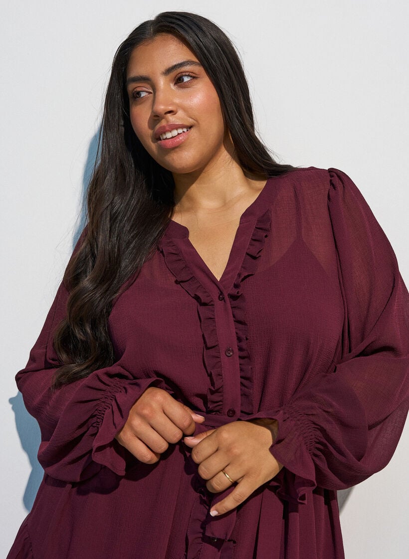 Mekko kevyest&auml; kudotusta kankaasta, r&ouml;yhel&ouml;t ja vy&ouml;t&auml;r&ouml;nauha, Punainen, Model image number 3