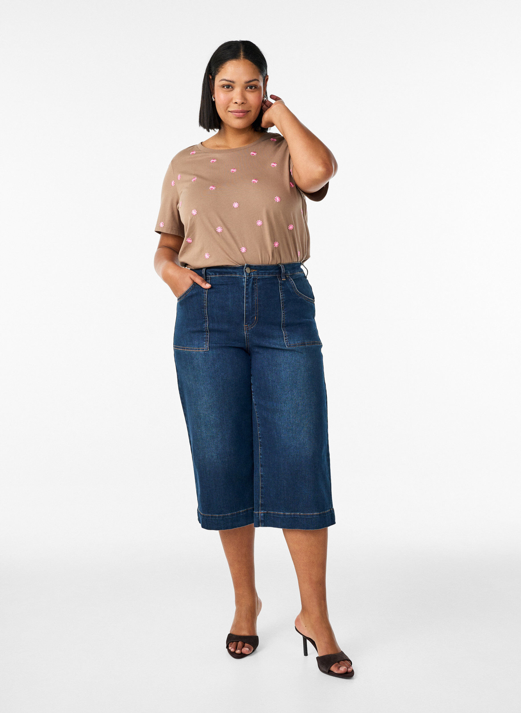 ZizziLuomupuuvillainen T-paita kirjailuilla kuvioilla, Ruskea, Model image number 1