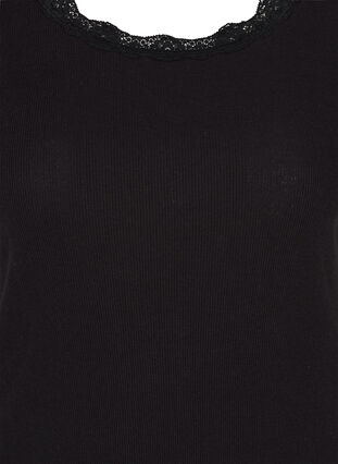 Lyhythihainen ribattu t-paita pitsireunuksella, Black, Packshot image number 2