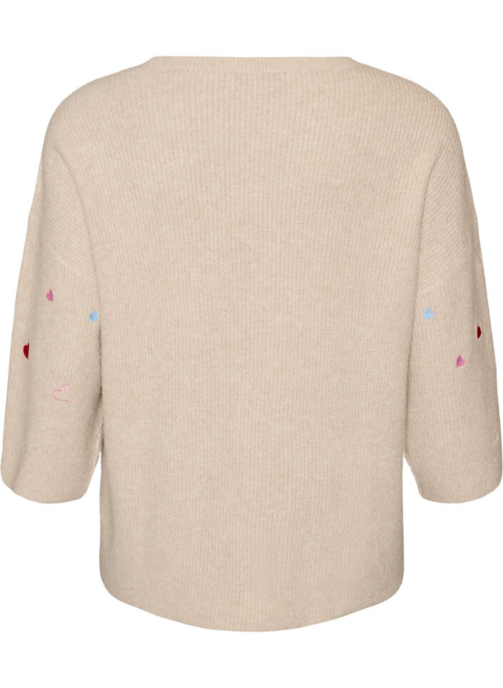 Syd&auml;nkuvioitu neulepusero 3/4-hihoilla, Beige, Packshot image number 1