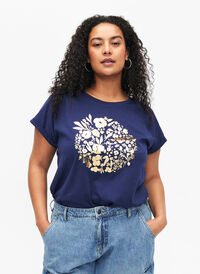 Orgaanisesta puuvillasta valmistettu T-paita kultaisella painatuksella, Med.Blue Gold Flower, Model