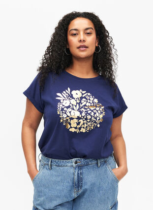 Orgaanisesta puuvillasta valmistettu T-paita kultaisella painatuksella, Med.Blue Gold Flower, Model image number 0